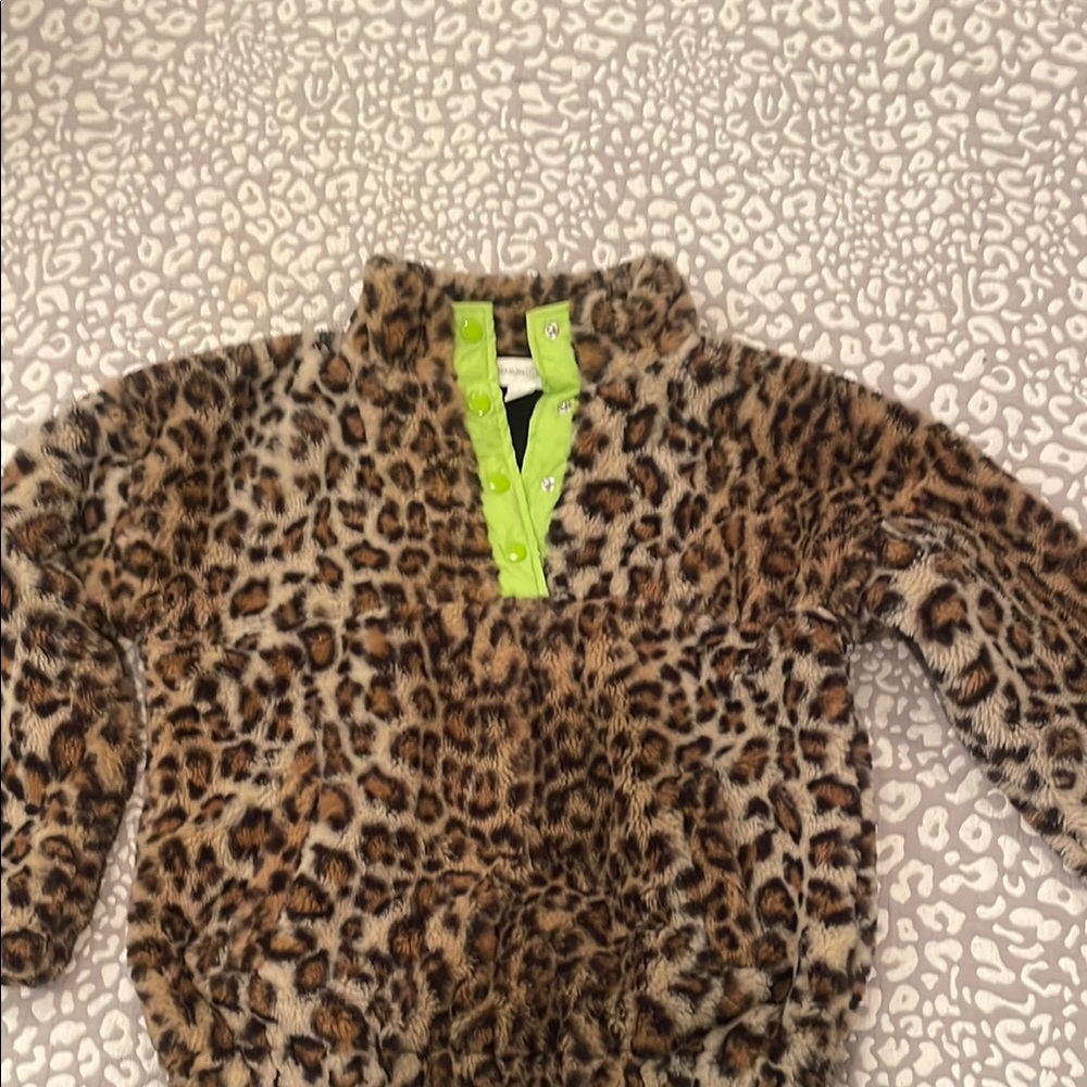 Girls Leopard Print Fleece Pullover with Neon Accents